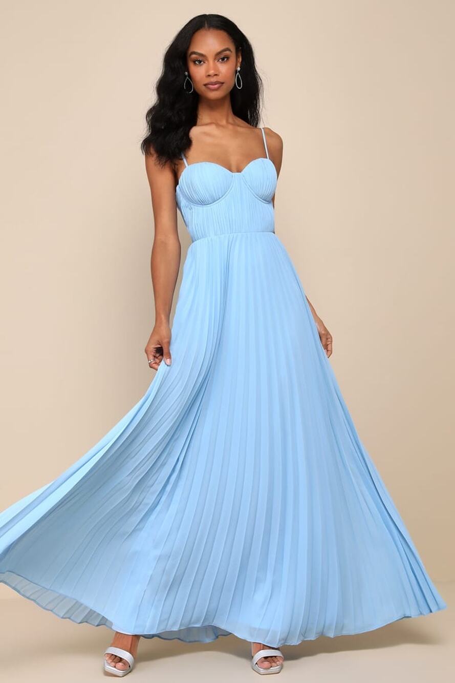 NWT Lulus Admirable Elegance Light Blue Pleated Bustier Maxi Dress Bridesmaid L